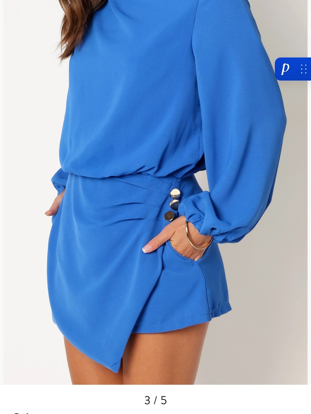 Royal Blue Long Sleeve Mini Dress with Gold Buttons